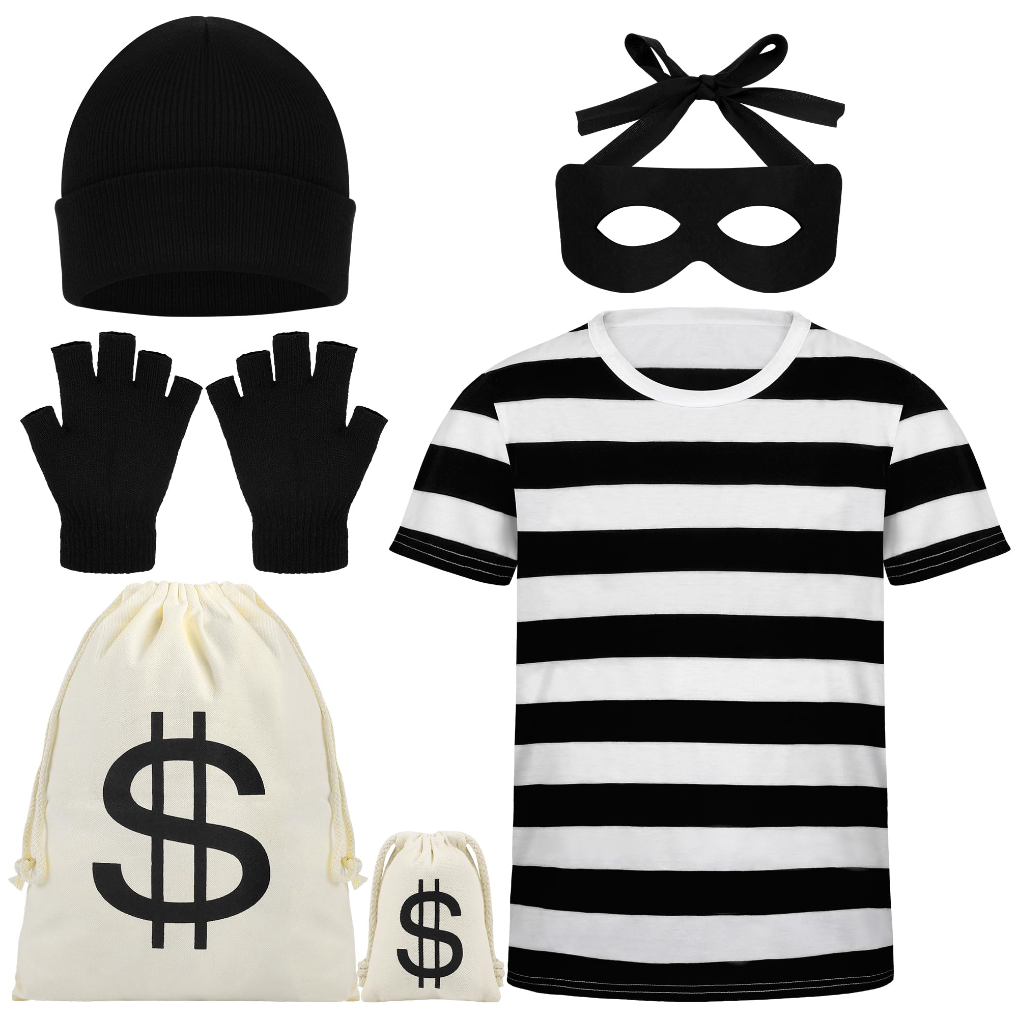 Adult Halloween Robber Costume Set T-shirt Beanie Cap Money Bag Eye Mask Gloves for Halloween Cosplay Theme Party
