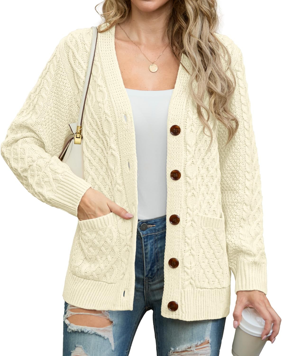 GRECERELLE Women 2025 Fall Long Sleeve Cable Knit Sweater Button Open Front Cardigan Loose Outerwear Coat with Pockets