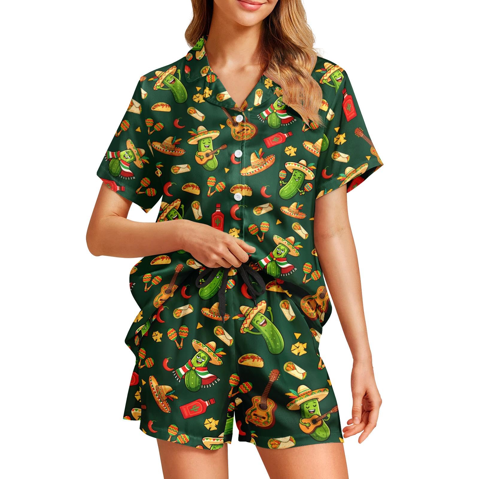 Funny Pajamas for Women Set Print Satin Loungewear Pjs Short Sleeve Button Down Top and Shorts Sets Sleepwear XS-3XL