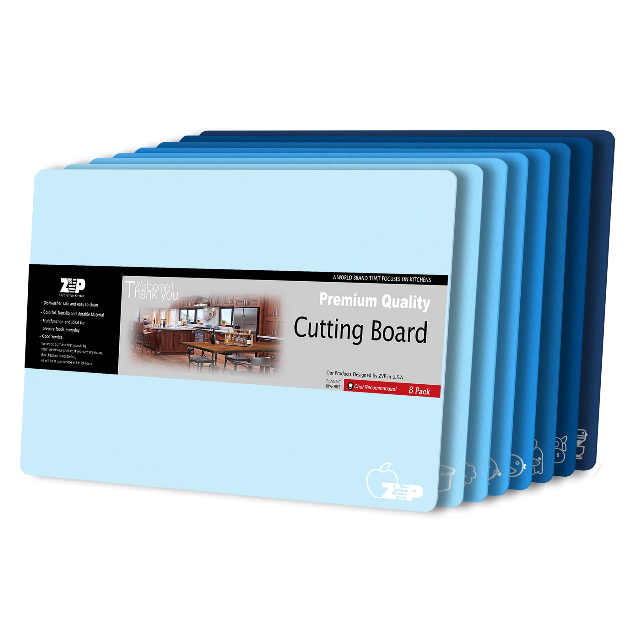 ZVP Plastic Cutting Boards for Kitchen, Flexible Cutting Mats, Gradient Blue Chopping Boards with Food Icon, Non-Slip, Non Porous, BPA Free, Dishwasher Safe