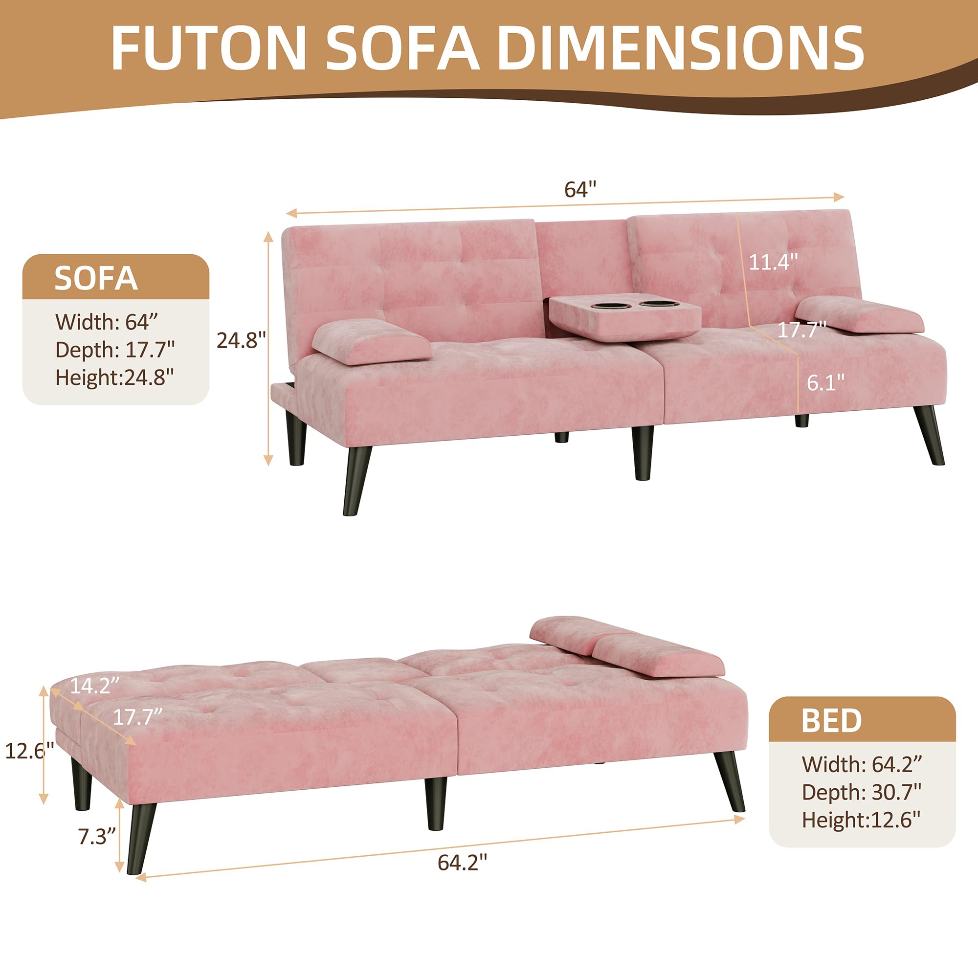 Shintenchi 64" Futon Sofa Bed, Velvet Foldable Couch, Reclining Sleeper with Removable Armrests, Upholstered Loveseat Sofa Couch with Folding Cup Holders for Home, Office, Pink
