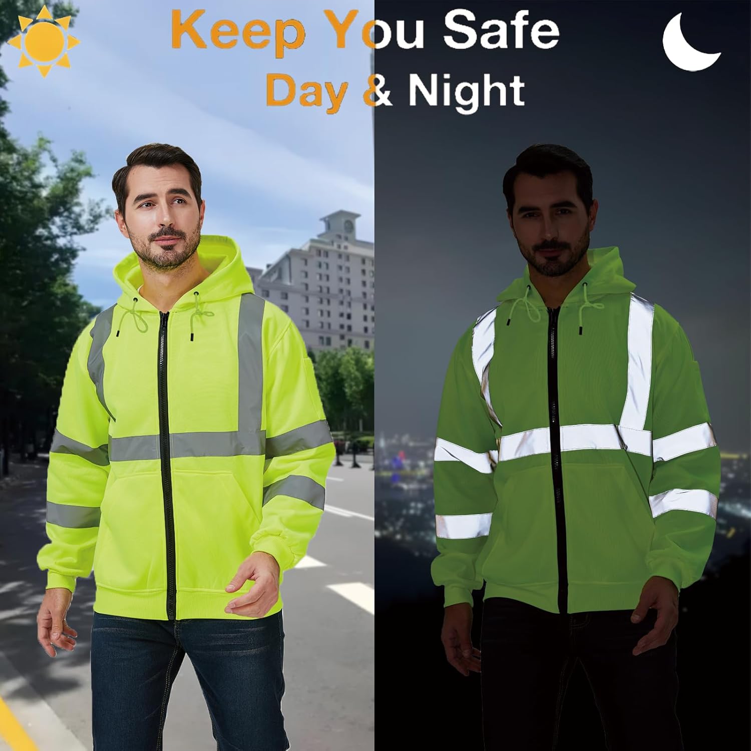 High Visibility Safety Hoodie, Reflective Workwear Sweatshirt, Warm Breathable Work Jacket for Men, Zip-Up - Image 5