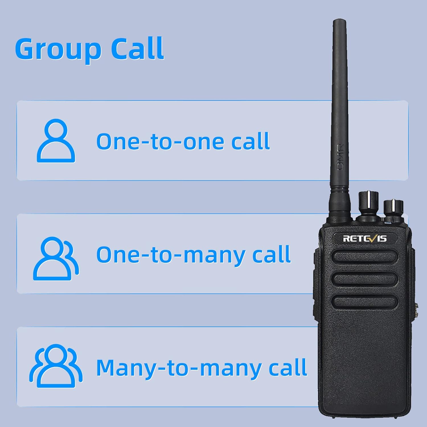 Diagram illustrating different call types supported by the Retevis RT81 radio: one-to-one, one-to-many, and many-to-many group calls.