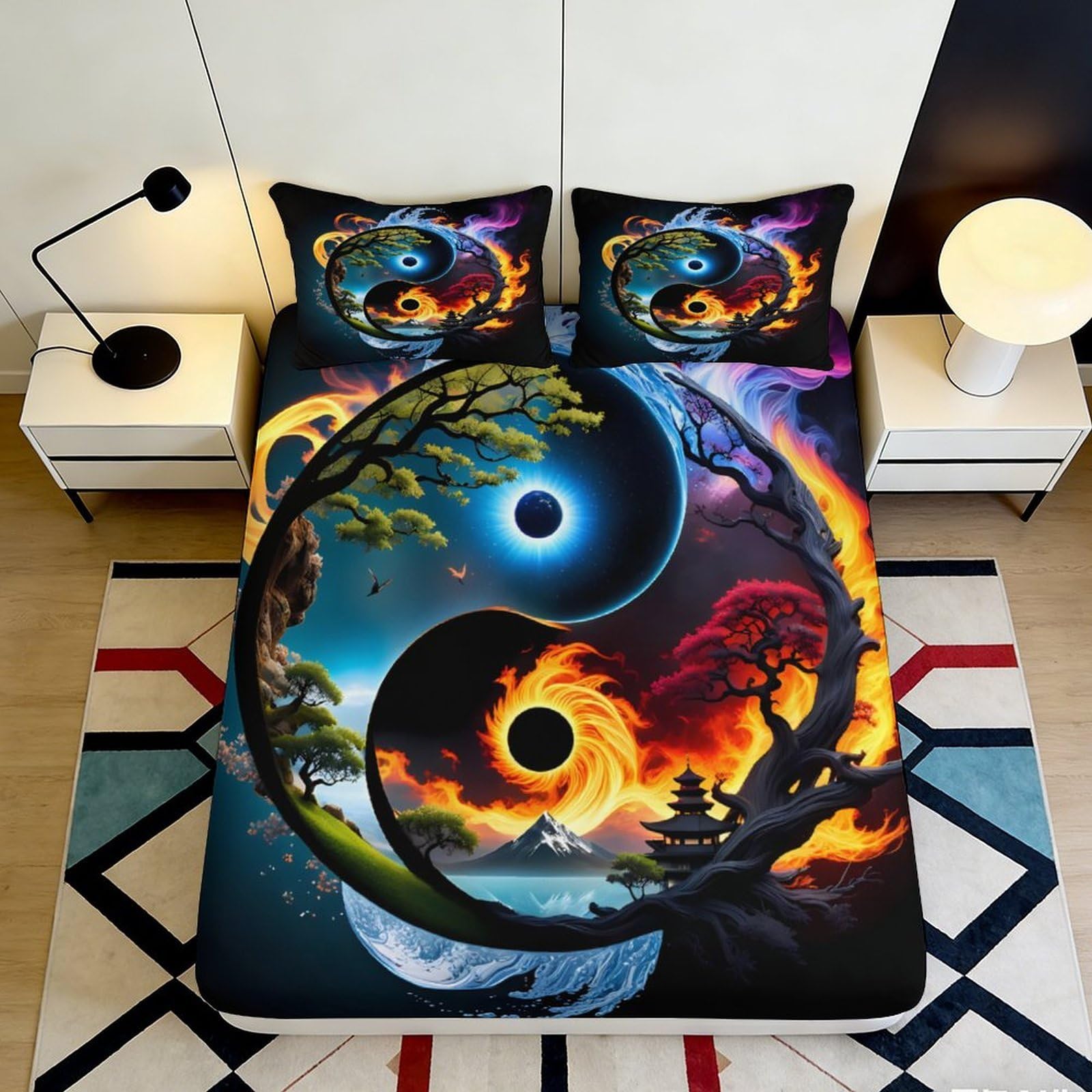 3D Printed Yin Yang Tree Fitted Sheet Microfiber Soft Durable Cosmic Fire Mattress Cover for Bedroom Dormitory Guest Room Decor Protection 120x200x25cm