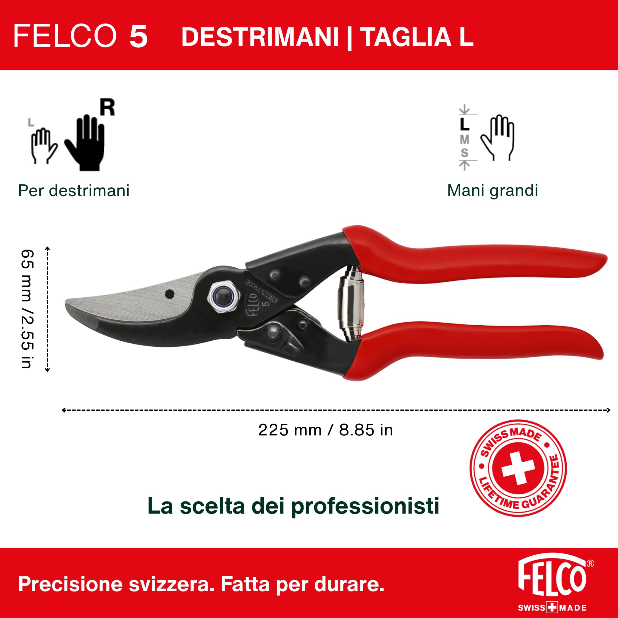 FELCO 5 Cesoia da Potatura Bypass, Mano Destra, Mano Grande, Capacità di Taglio 25mm, Costruzione Tutto Acciaio, Testa Affusolata, Made in Switzerland, Garanzia a Vita