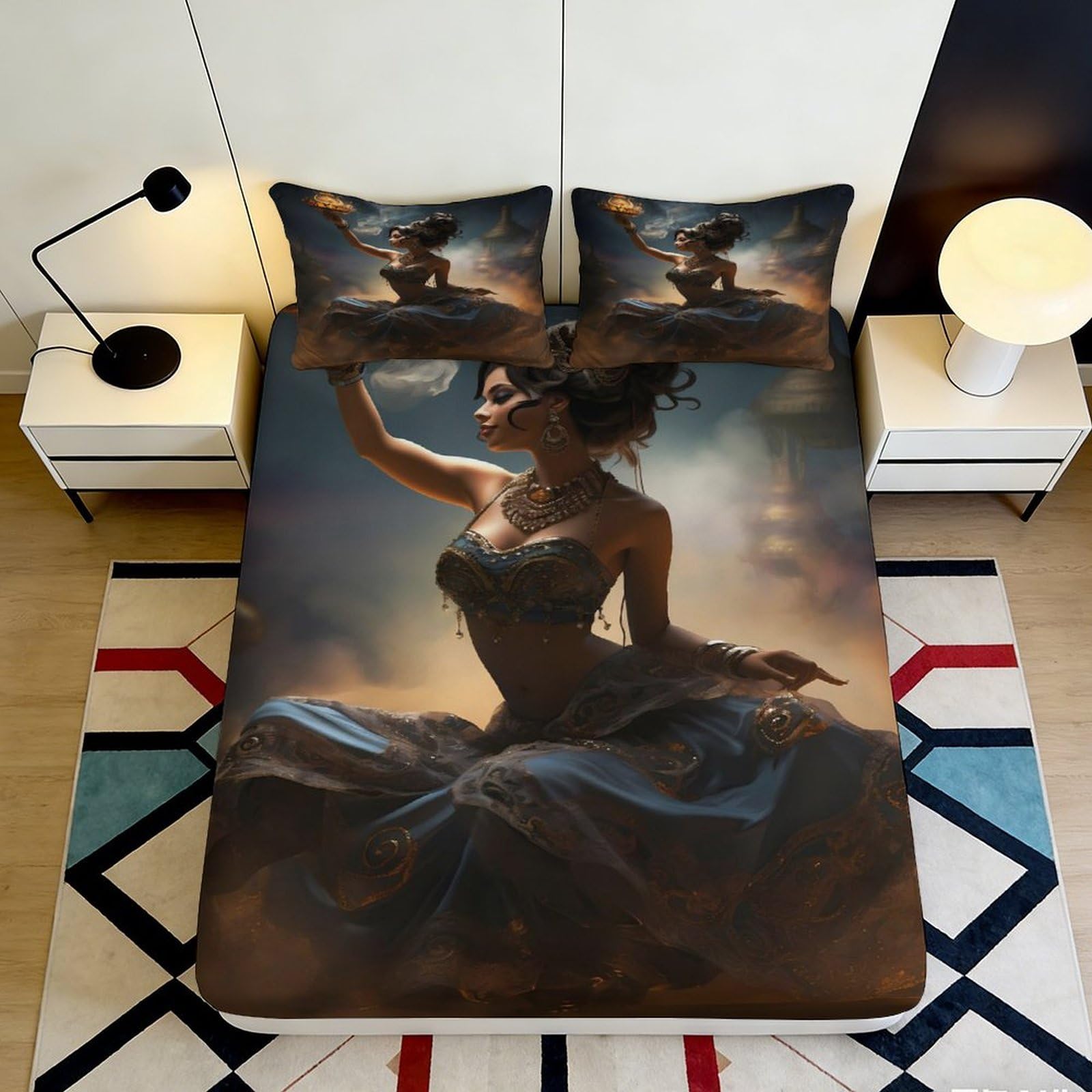 3D Printed Oriental Dancer Fitted Sheet Microfiber Soft Blue Bed Cover with Fantasy Art for Bedroom Dorm Décor 90x200x25cm