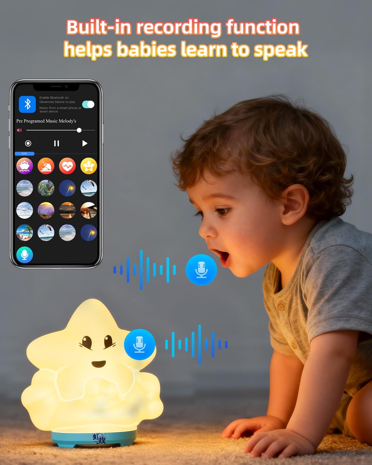 wapentake Baby Night Light, Kids Night Light with Bluetooth Speaker & Music, Portable Nursery Night Light for Girls Bedroom, 16 Colors Changing Toddler, APP Control Rechargeable Lamp(Multi-Colored)