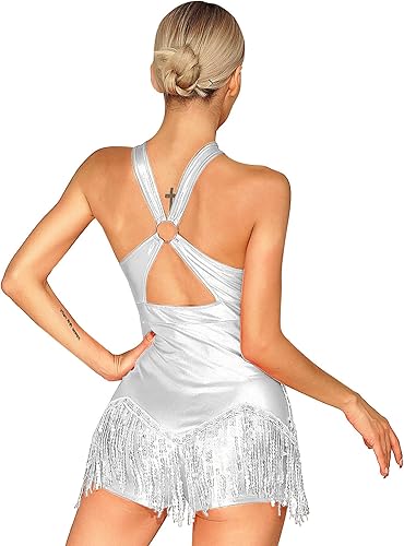 Miniatura 2 de iiniim Leotardo de jazz con lentejuelas para mujer, con flecos, borla para baile latino, ropa de baile