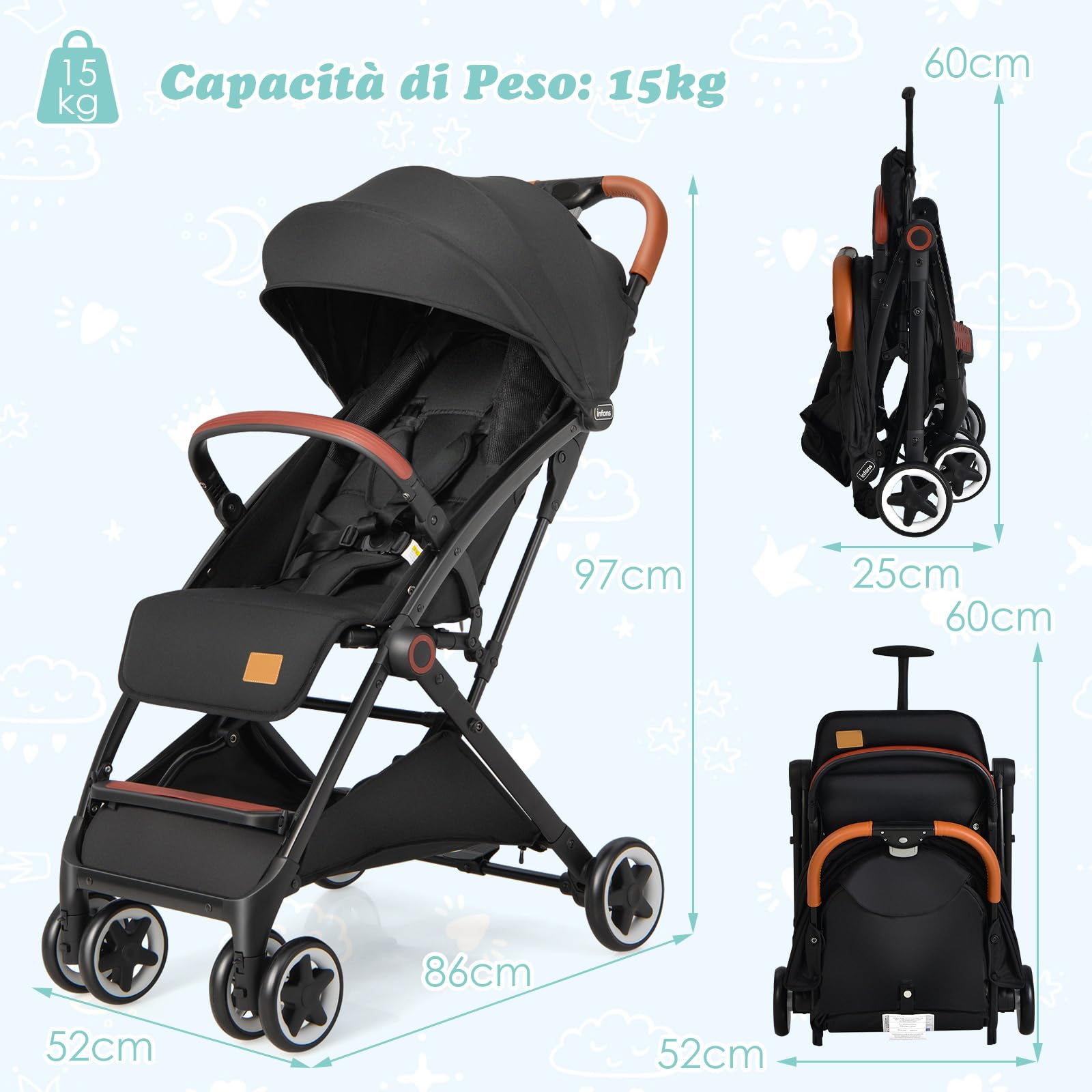 COSTWAY Passeggino Leggero per Bambini, Carrozzina con Schienale Regolabile, Passeggino Pieghevole con Ruote Universali, Sacco a fondo,per Bambini 0-36 Mesi, Portata 15 kg(Nero)