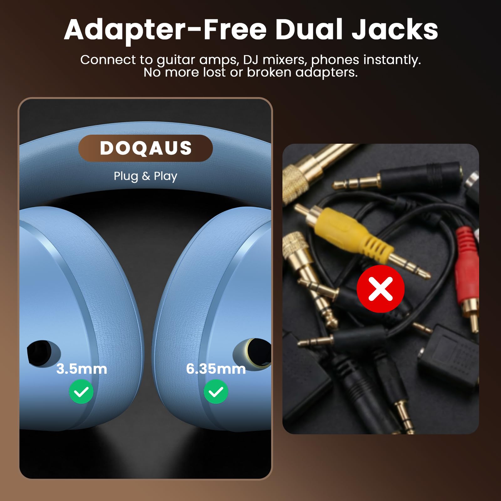 DOQAUS Audífonos profesionales con cable para monitor de estudio para grabación y mezcla de música, auriculares estéreo de 50 mm con conector dual para guitarra eléctrica, teclado, piano, portátil