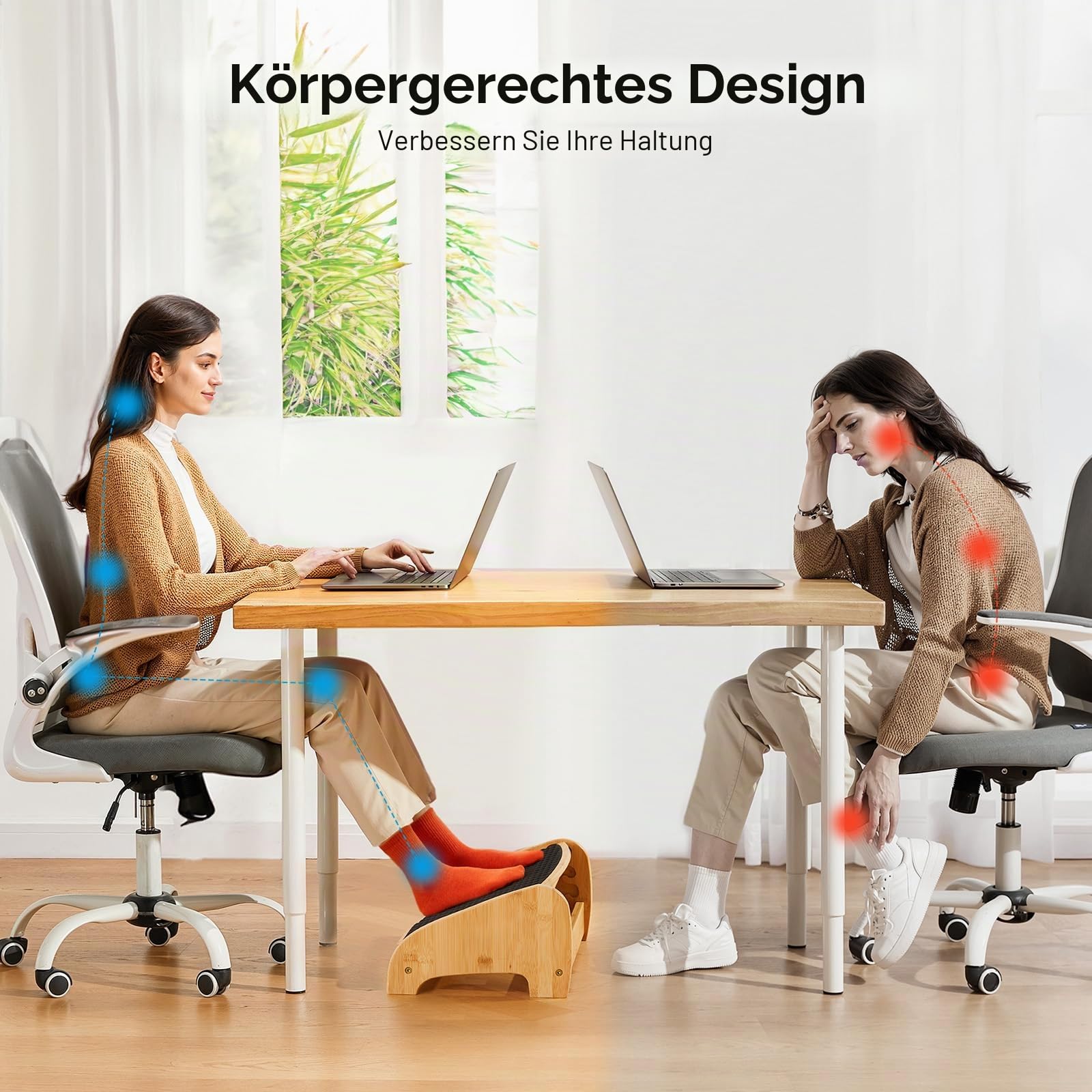 HUANUO Bambus Fußstütze Schreibtisch, ergonomisch mit 4 Höhen & verstellbaren Winkeln, Kieselstein-Massagefläche, rutschfest Fußstütze unterm Schreibtisch, Verbesserung der Arbeitshaltung, Haus & Büro