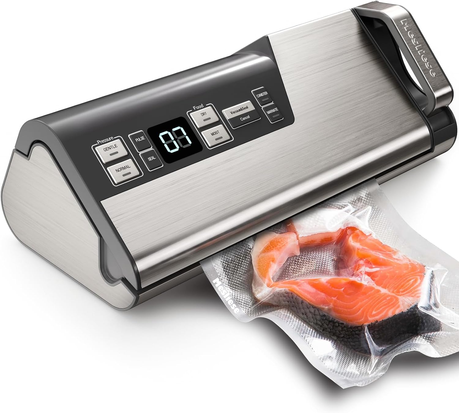 Mesliese Vakuumiermaschine, 95 kPa 140 W, Doppeldichtung, leistungsstarker Lebensmittel-Versiegeler, Einhandbedienung, Lebensmittelaufbewahrung mit eingebautem Cutter & Rollenaufbewahrung (Gray)
