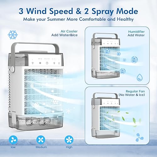 Miniatura 3 de Aire acondicionado portátil, unidad de CA pequeña de 3 velocidades, enfriador de aire evaporativo con función de temporizador, luz nocturna de 7