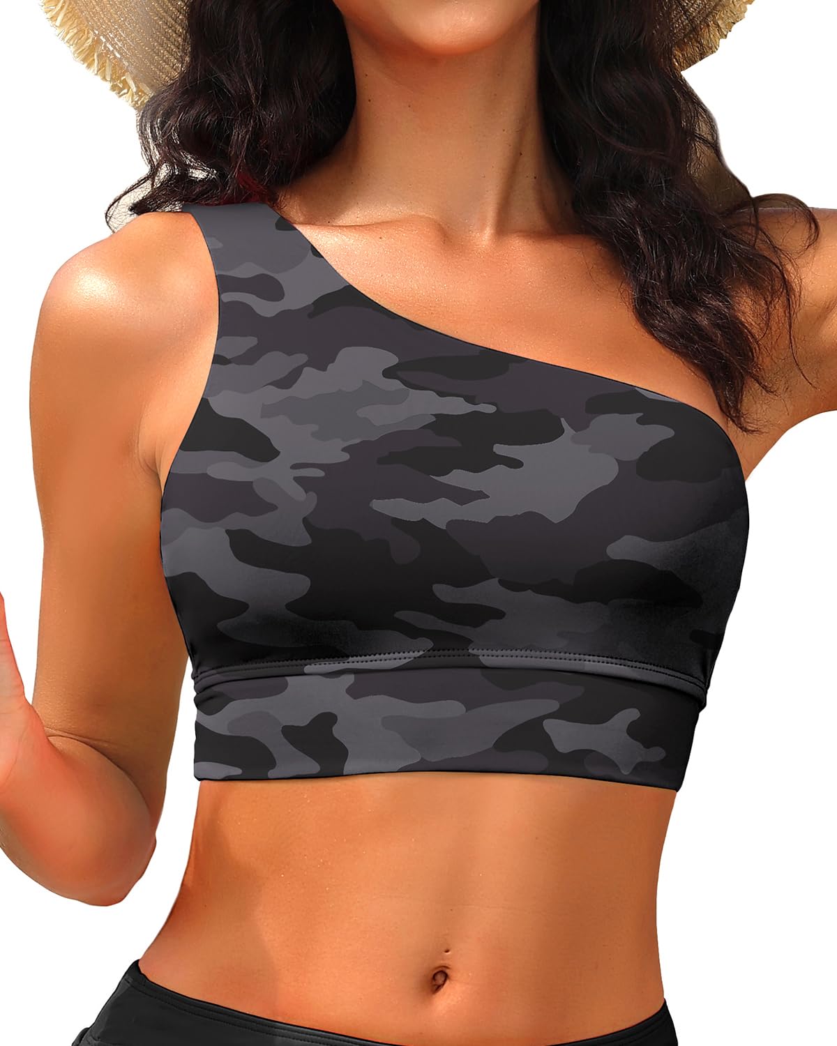 Holipick Women One Shoulder Bikini Tops Only Bathing Suit Top Sports Bra Swim Tops Longline Crop Top for Teen Girls