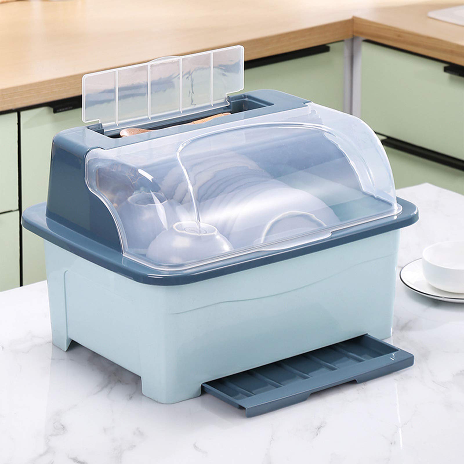 WOSHUAIDish Storage Box, Extra Large Plastic Kitchen Dish Drain Box, Drawer Type Drain Dish Rack with dust Cover, Household Multi-Function Rack,One