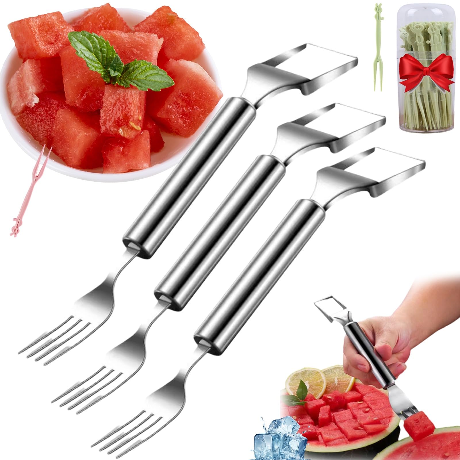 2 in 1 Fruit Cutter and Fork, Pickelect Fruit Cutter, 2 in 1 Fruit Ninja Set, Dual Head Melon Knife with 50 Mini Fruit Forks, Summer Kitchen Gadget
