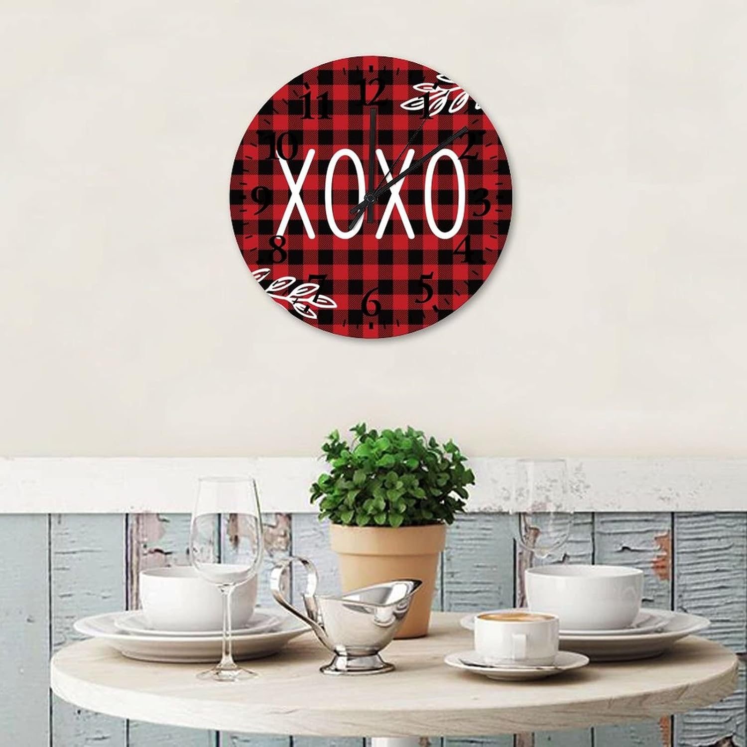 Wall Clock Valentine's Day XOXO Farmhouse Clock Battery Operated Silent Arabic Numbers Buffalo Plaid Romantic Quote for Valentines Day Round Clock for Farmhouse Home Decoration 15 Inch
