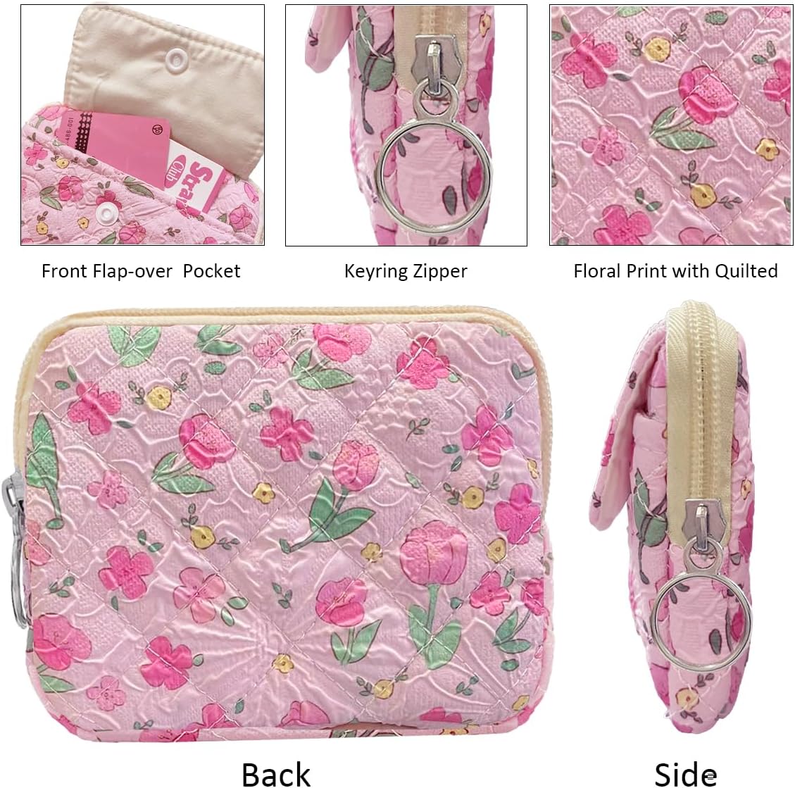 Cotton Quilted Floral Coin Pouch with Cute Prints Zipper for Women Girls (PINK TULIP) - Image 4