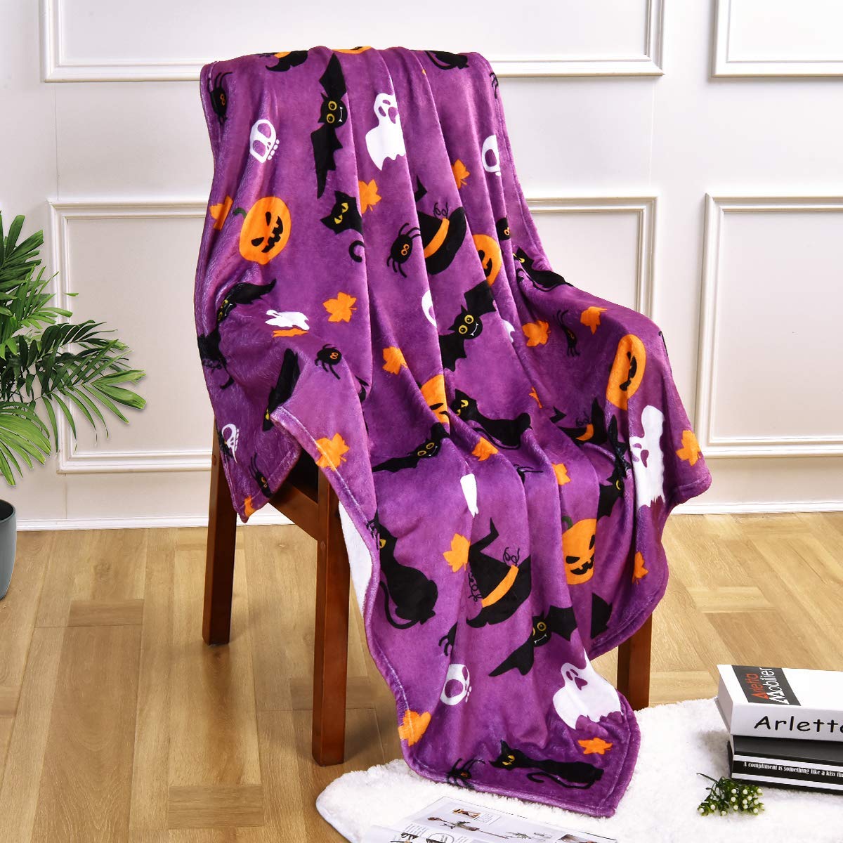 Joocar 23 Flannel Throw Blanket Halloween Pumpkin Purple Ghost Bat Spooky Cats Cozy And Soft Plush Warm Blankets For Bed Couch Living Room Sofa Chair(200 X 150Cm)