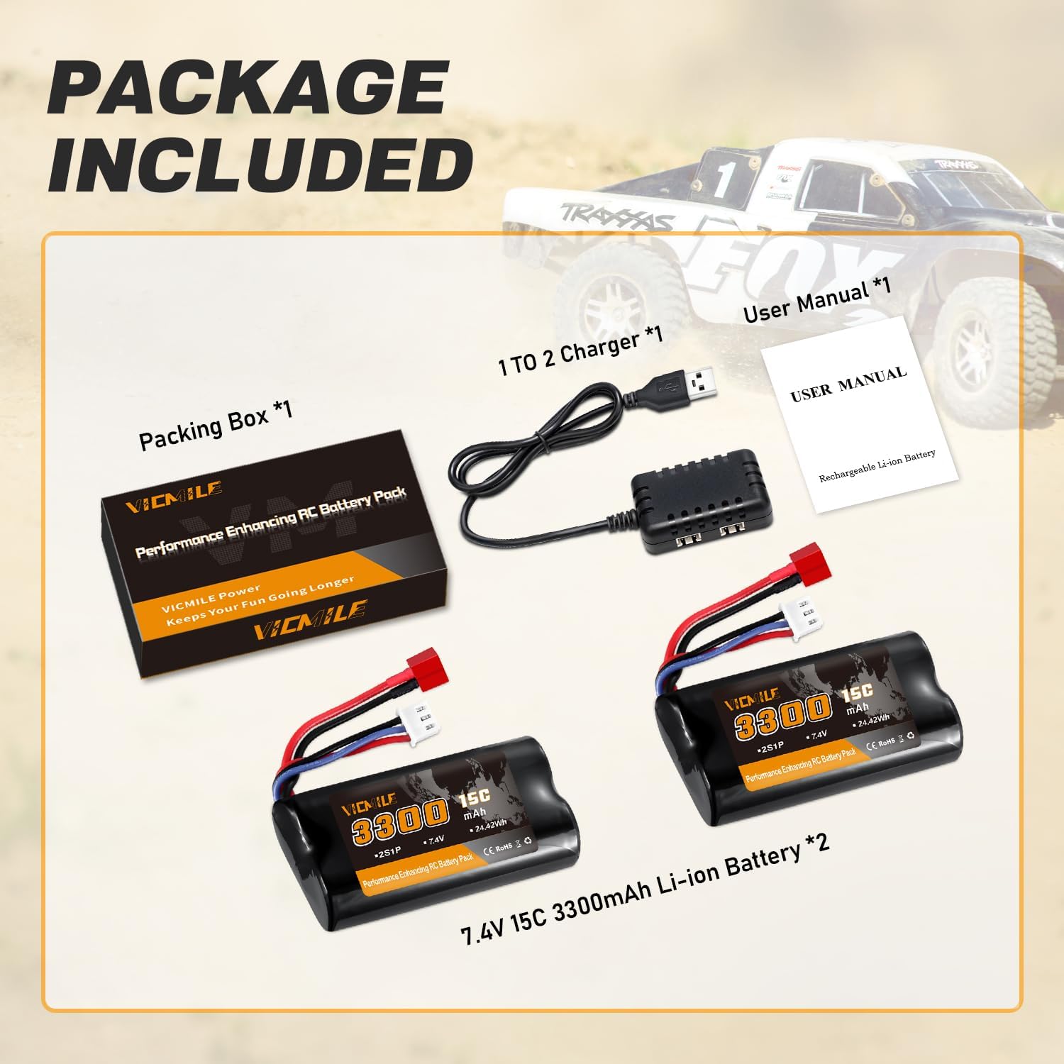 3300mAh High Capacity 7.4V Li-ion Battery with Dean-Style T Plug 2S Rechargeable with 1 to 2 USB Charger Fit for WLtoys 4WD High Speed RC Cars and Most 1/10, 1/12, 1/16 Truck