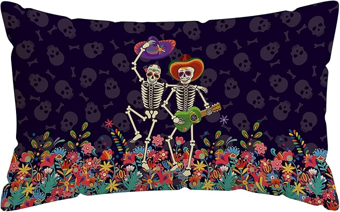 Dia De Los Muertos Pillow Cover Sugar Skull Mexican Style Dance Colorful Flowers Day of The Dead Lumbar Pillow Case Decorations for Farmhouse Home Sofa Couch Outdoor Holiday Decor 12x20 Inch