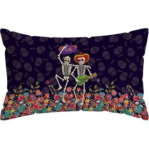 ZAEW Dia De Los Muertos Pillow Cover Sugar Skull Mexican Style Dance Colorful Flowers Day of The Dead Lumbar Pillow Case Decorations for Farmhouse Home Sofa Couch Outdoor Holiday Decor 12x20 Inch