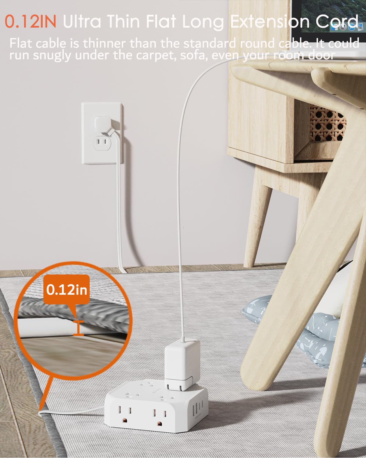 WRXDMC - Regleta de alimentación de 2 clavijas a 3 clavijas, adaptador de salida de 1400J de dos clavijas, cable de extensión de 5 pies, 8 salidas de CA con 2 puertos USB C y 2 puertos USB A, montaje