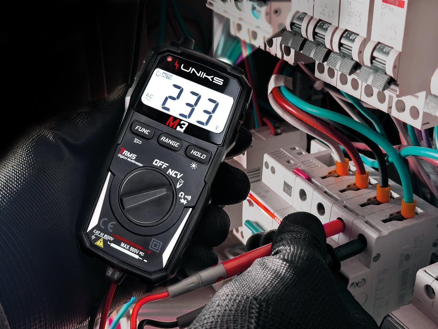UNIKS - Multímetro digital M3 de bolsillo TRMS con Auto‑Range 600 V CAT III - Probador eléctrico profesional con NCV, continuidad, diodos, pantalla y LED