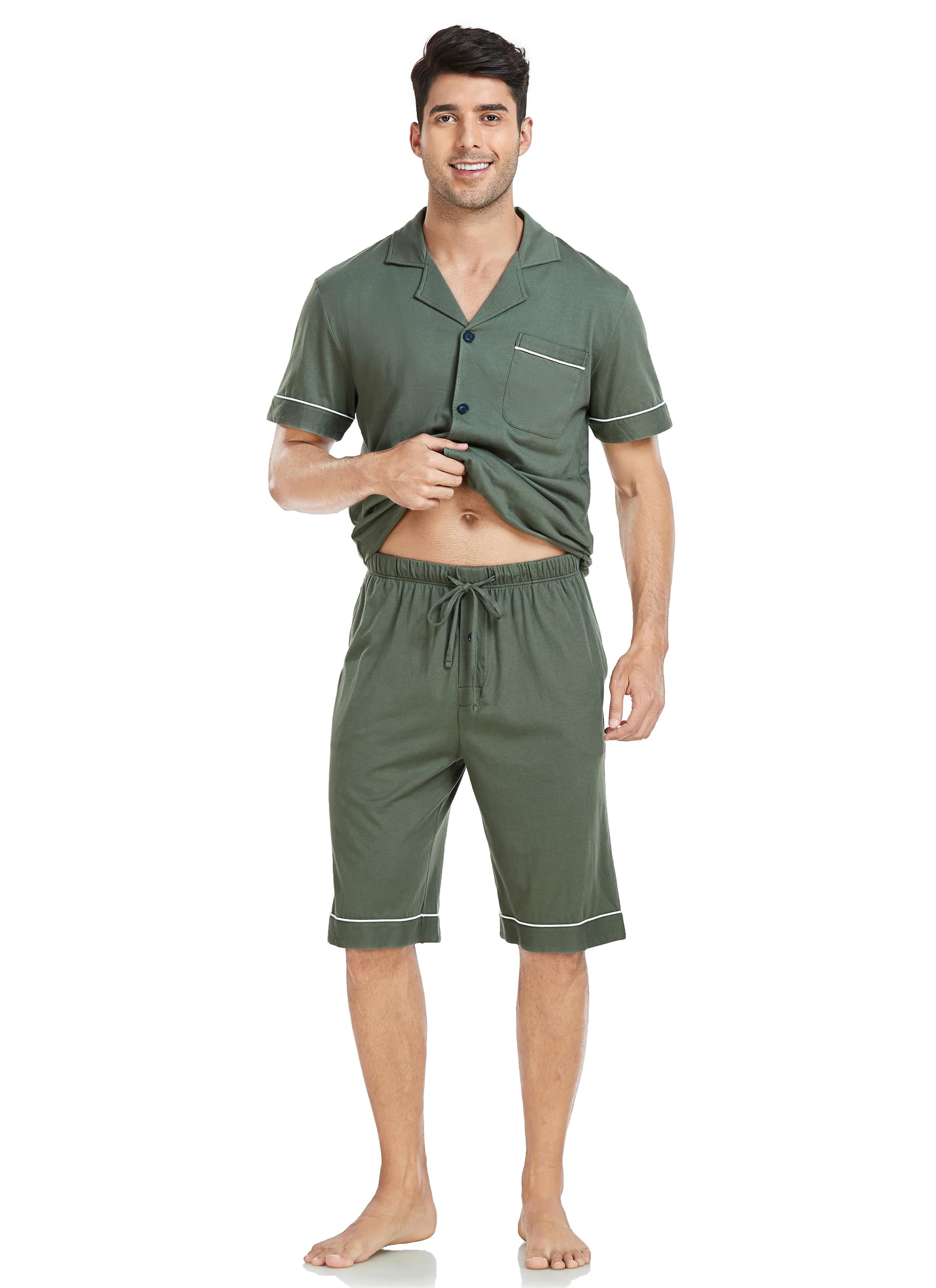 EA'S SECRET Schlafanzug Herren Kurz Baumwolle Pyjama Set Zweiteiliger Nachtwäsche Oberteile und Kurze Hose mit Knopfleiste