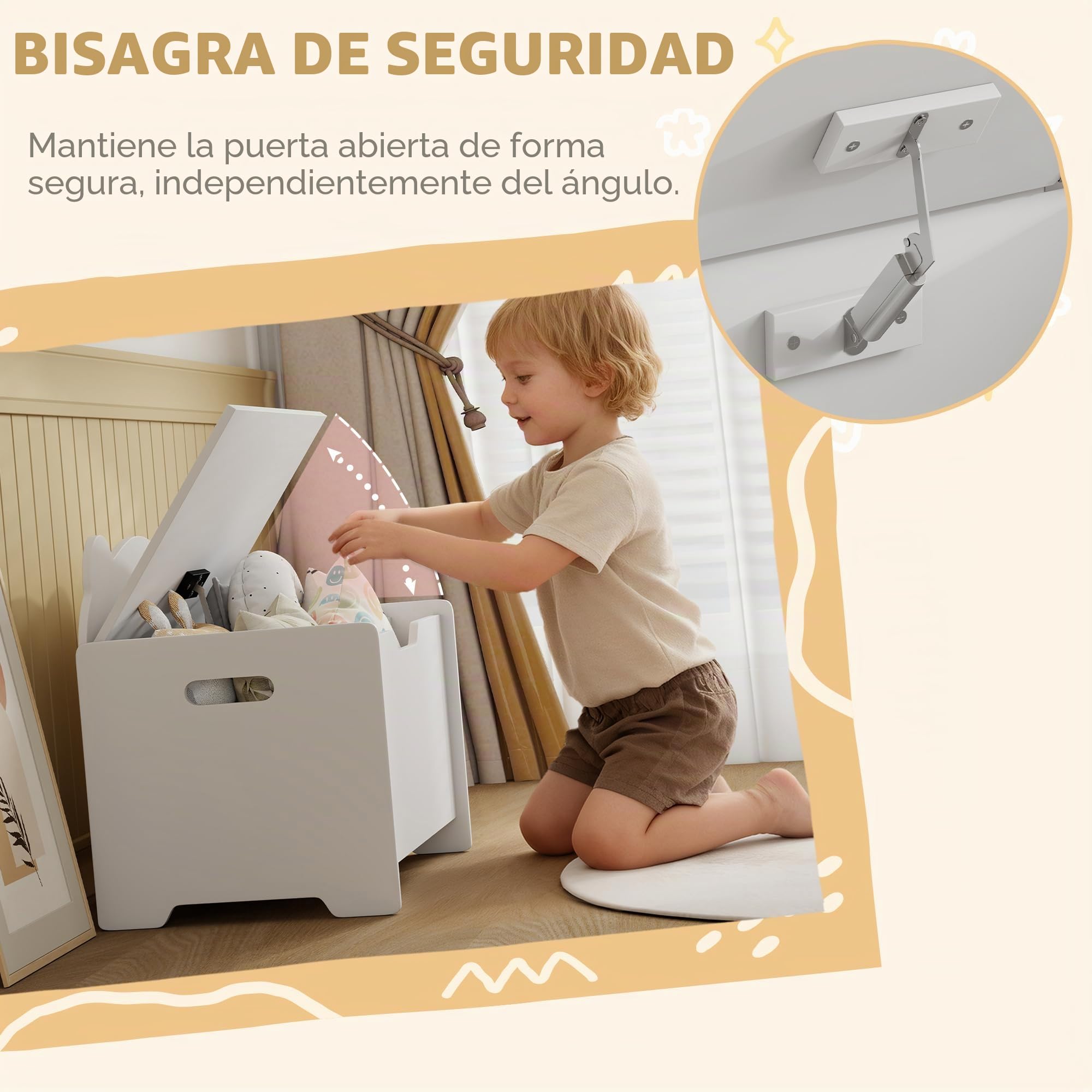 AIYAPLAY Baúl Juguetes con Tapa Abatible 60x38x48cm Blanco