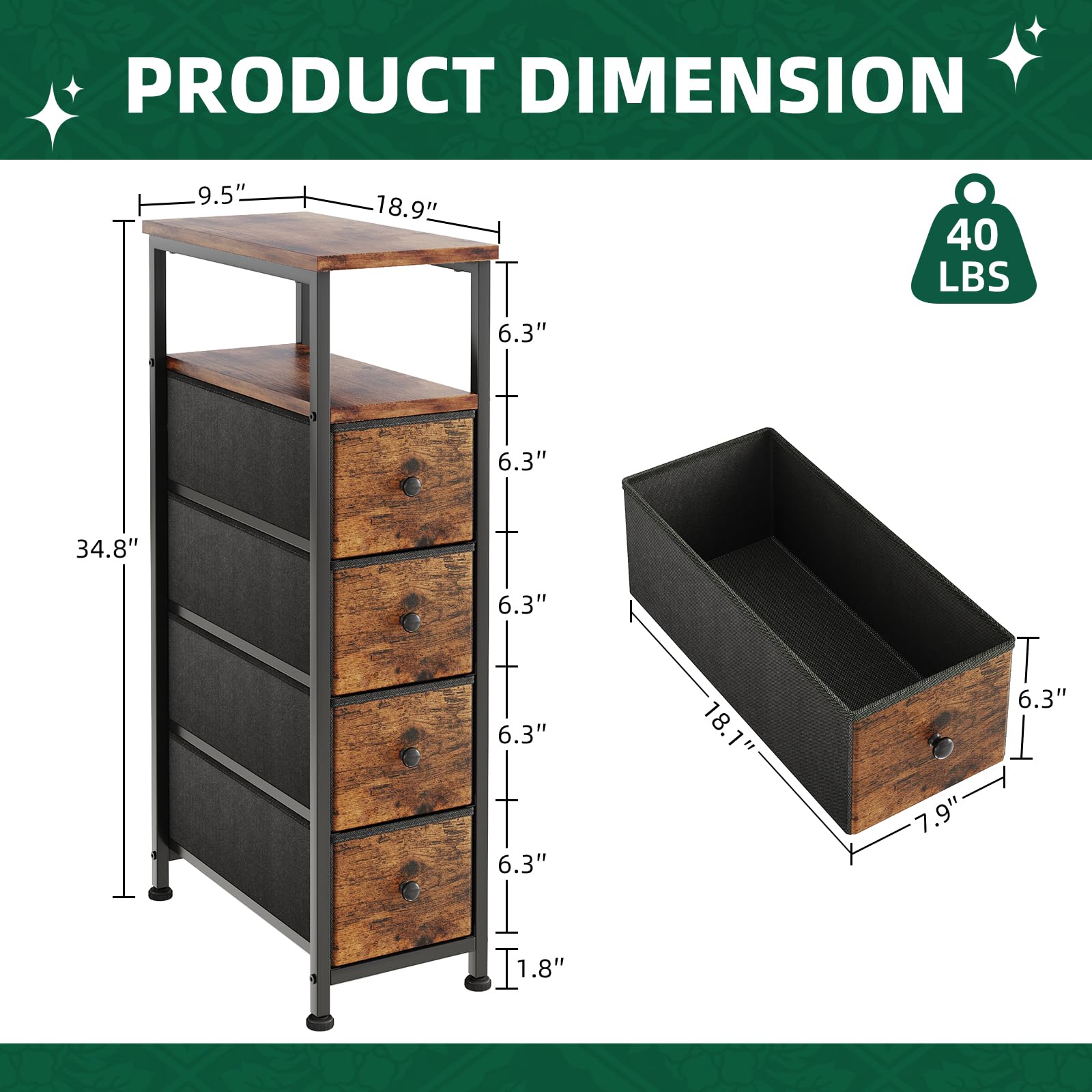 CAIYUN Narrow Dresser Chest of Drawers, Large 4 Drawers Dresser