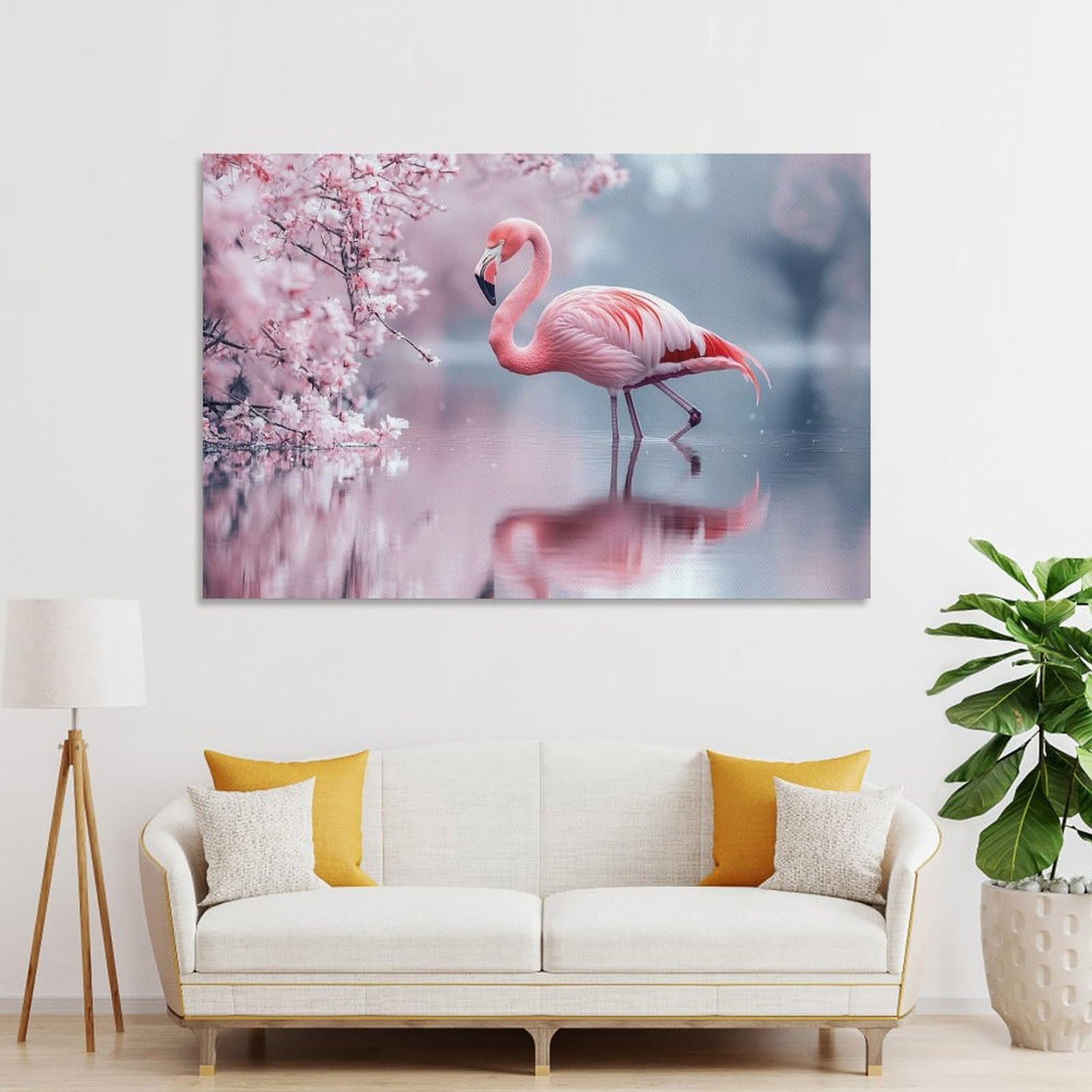 Junmoney Flamingo in Water with Cherry Blossoms Wall Decor Canvas Print, 24x36inch(60x90cm), for Living Room, Bedroom, Office Or Hallway, Stylish Home Artwork for Focal Walls