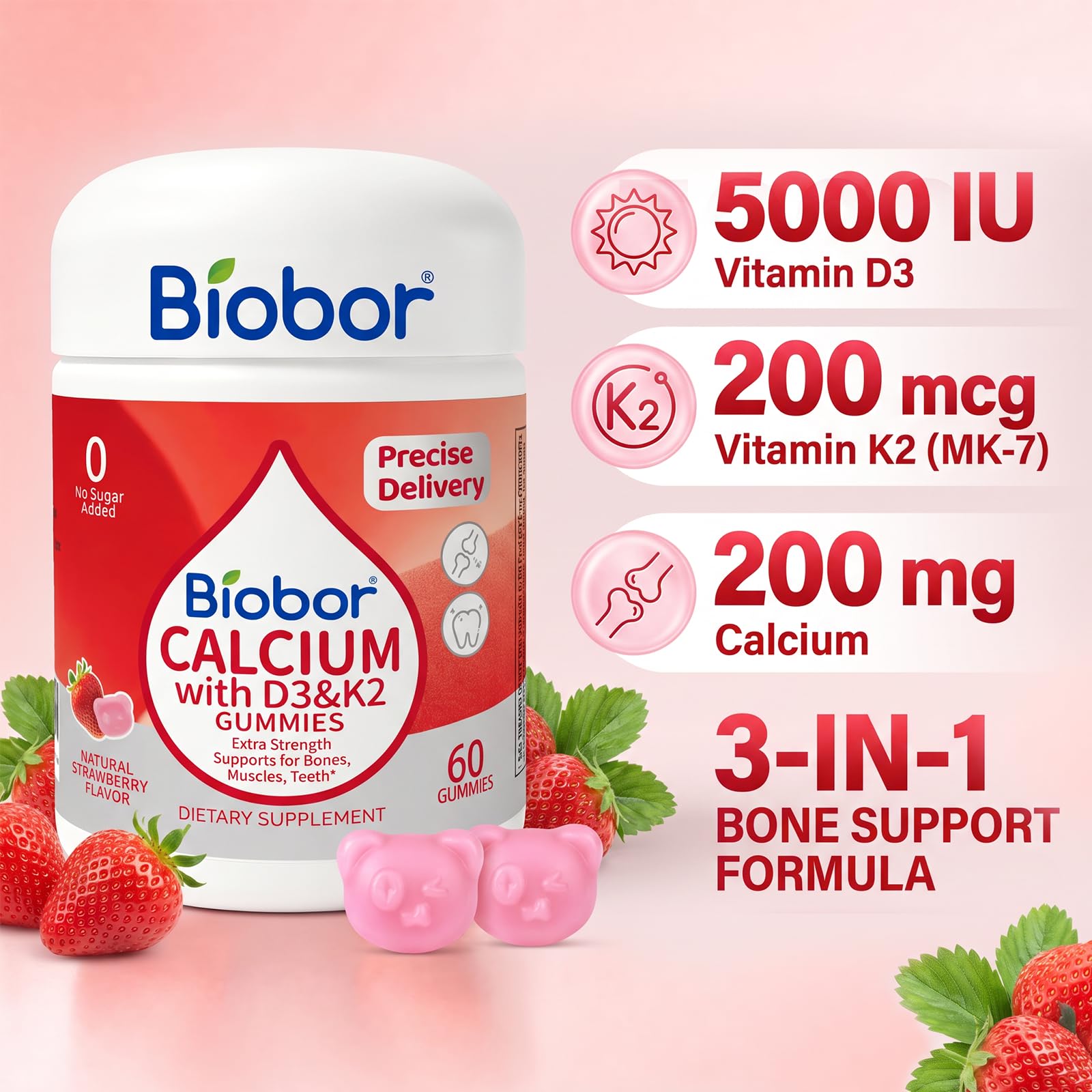 Biobor 200 mg Calcium Gummies with Vitamin D3+ K2, Strawberry 60 Count — Amazon image 3