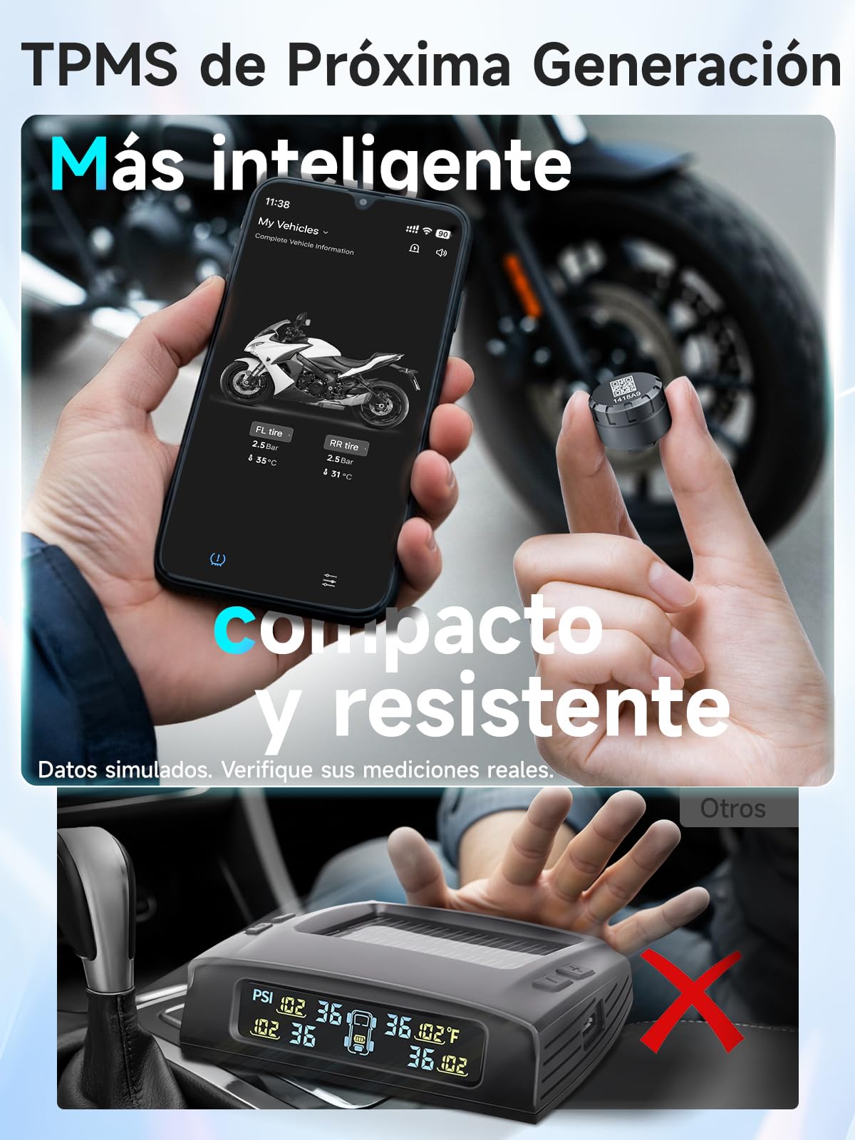 Moman Sistema TPMS Moto 2 Sensores, Monitor Presión y Temperatura Neumáticos con Alarma Manómetro de Presión de Neumáticos, Inalámbrico Solo iOS​​ & Android