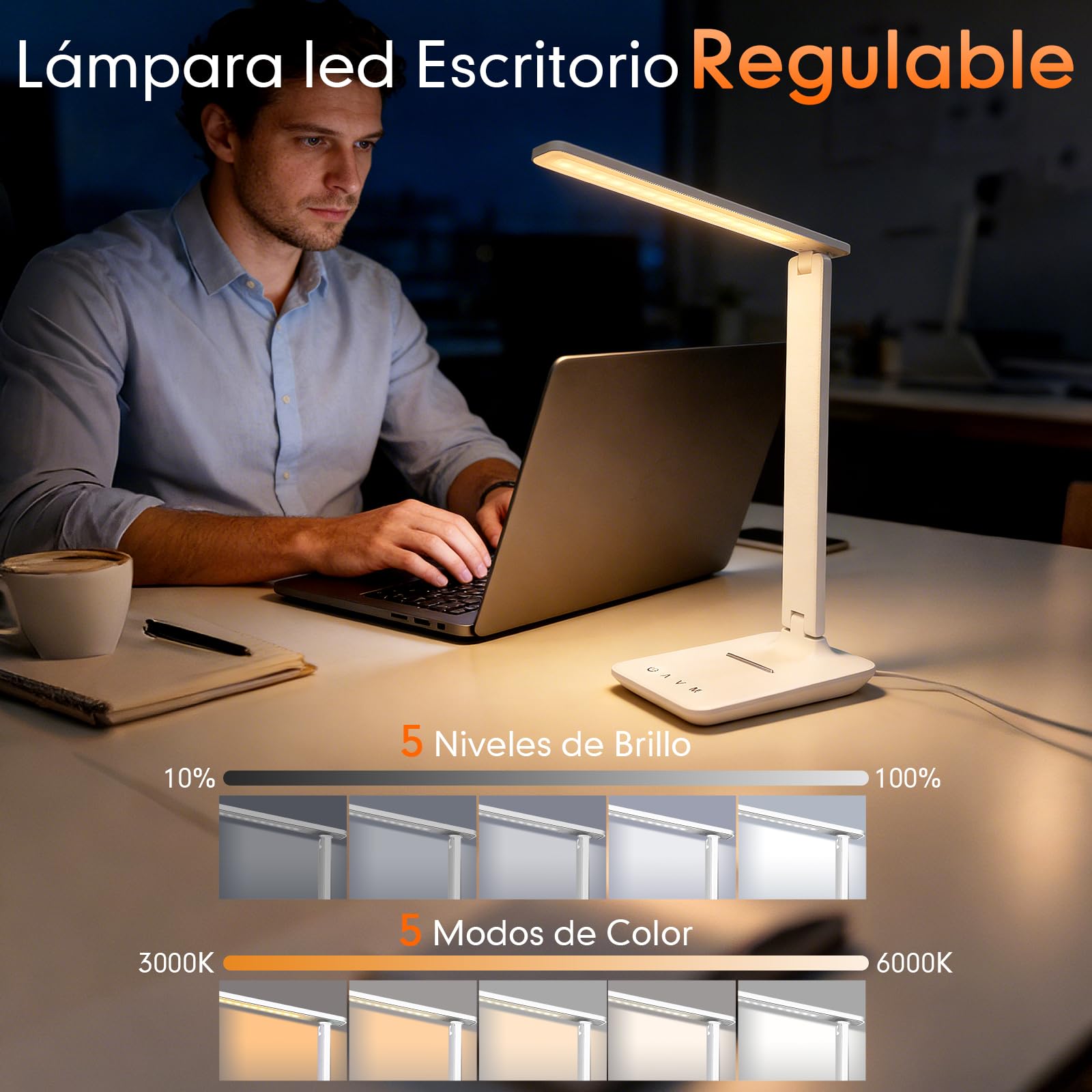 karidi Lámpara de Escritorio LED Recargable 4000mAh, 45 LEDs con Protección Ocular, 5 Modos de Color y 5 Niveles de Brillo, Control Táctil, USB-C, Plegable, Plegable para Oficina y Estudio (Blanco)