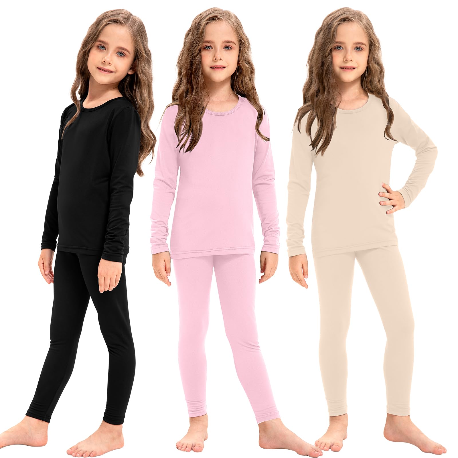 Silkfly 3 Set Girls Thermal Underwear Soft Winter Thermal Top and Bottom with Fleece Lined Base Layer for Girls