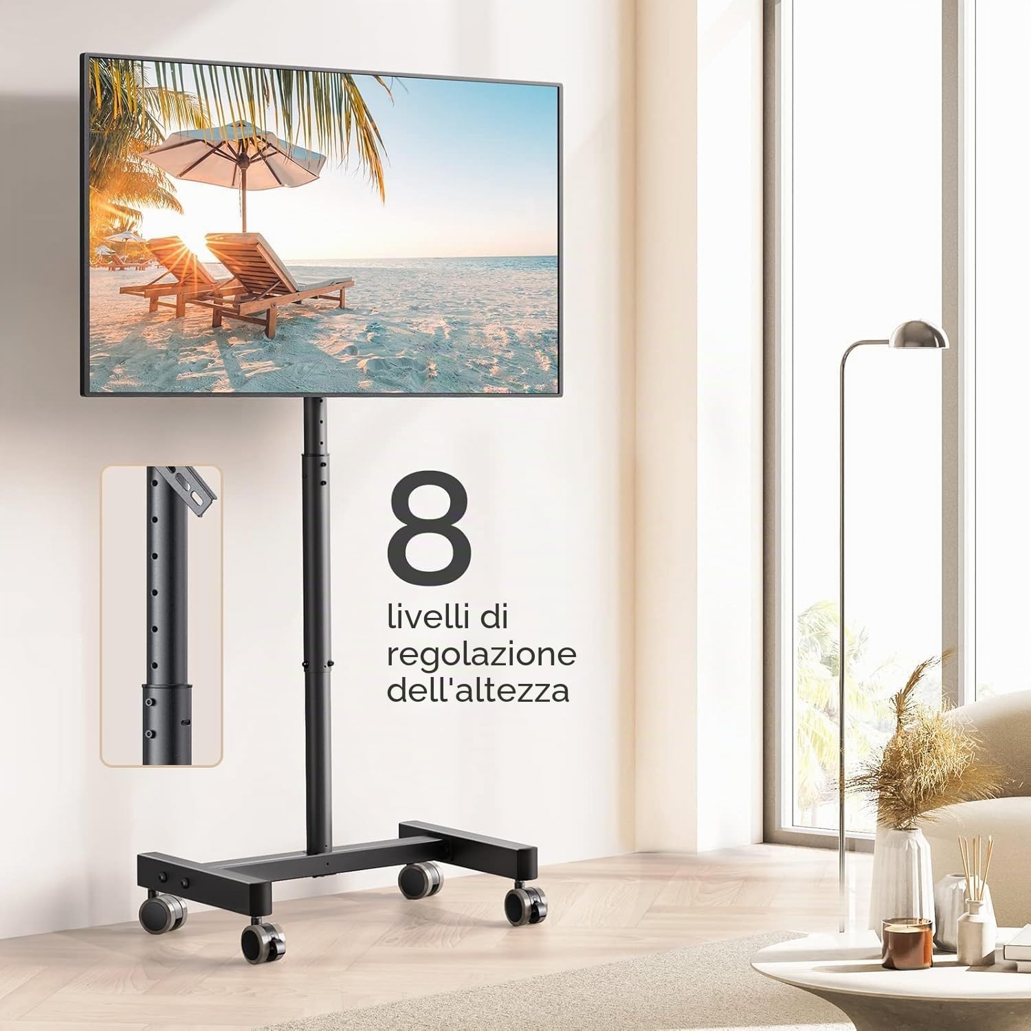 PERLEGEAR Supporto TV da Pavimento con 4 Ruote per Schermo da 13 a 43 pollici, 30° Inclinabile Porta tv da Terra Mobile fino a 20 kg, Carrello porta tv con 8 Regolabile in Altezza, Max VESA 200x200mm