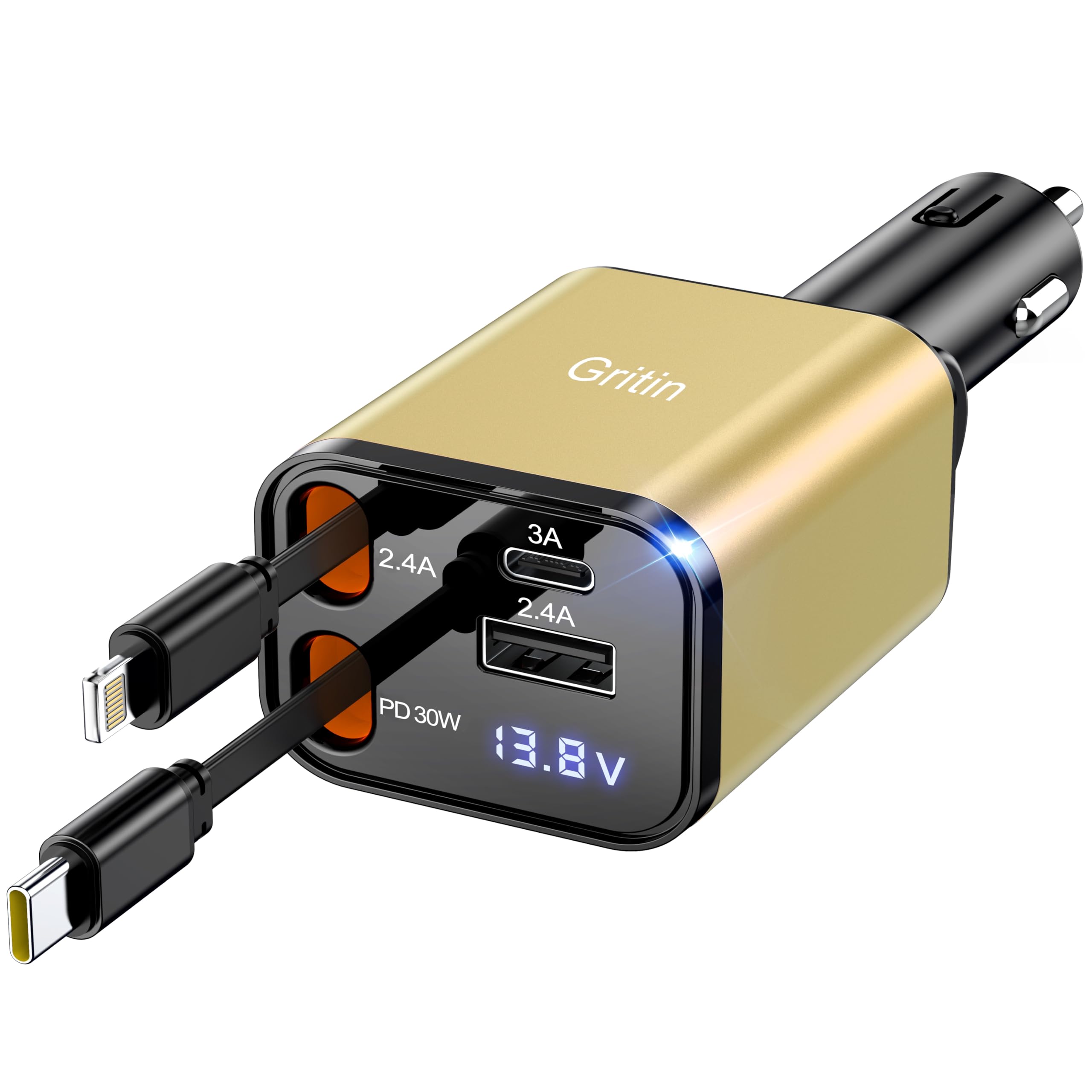 Gritin Retractable Car Charger, 69W Super Fast 4 in 1 USB C Car Charger Adapter with Smart Device-Adaptive Charging Technology& Current Display, Car Accessories for Phone, Android- Yellow