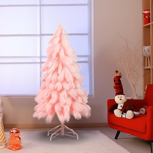 Miniatura 3 de Romantic season Árbol de Navidad rosa hecho a mano de 4 pies, puntas de rama de árbol de Navidad de fibra premium y soporte plegable de metal para