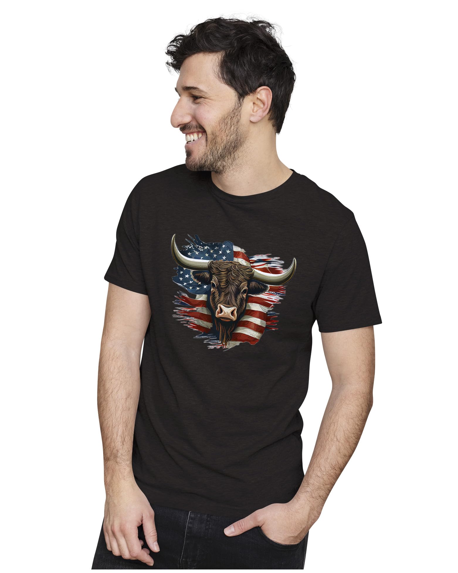 Heybroh Men's & Women's Regular Fit T-Shirt American Bull with American Flag 100% Cotton Unisex T-Shirt