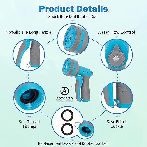 Miniatura 3 de AUTOMAN Boquilla de manguera de jardín, 8 patrones de rociador de manguera de jardín, boquilla de manguera de agua de alta presión resistente para