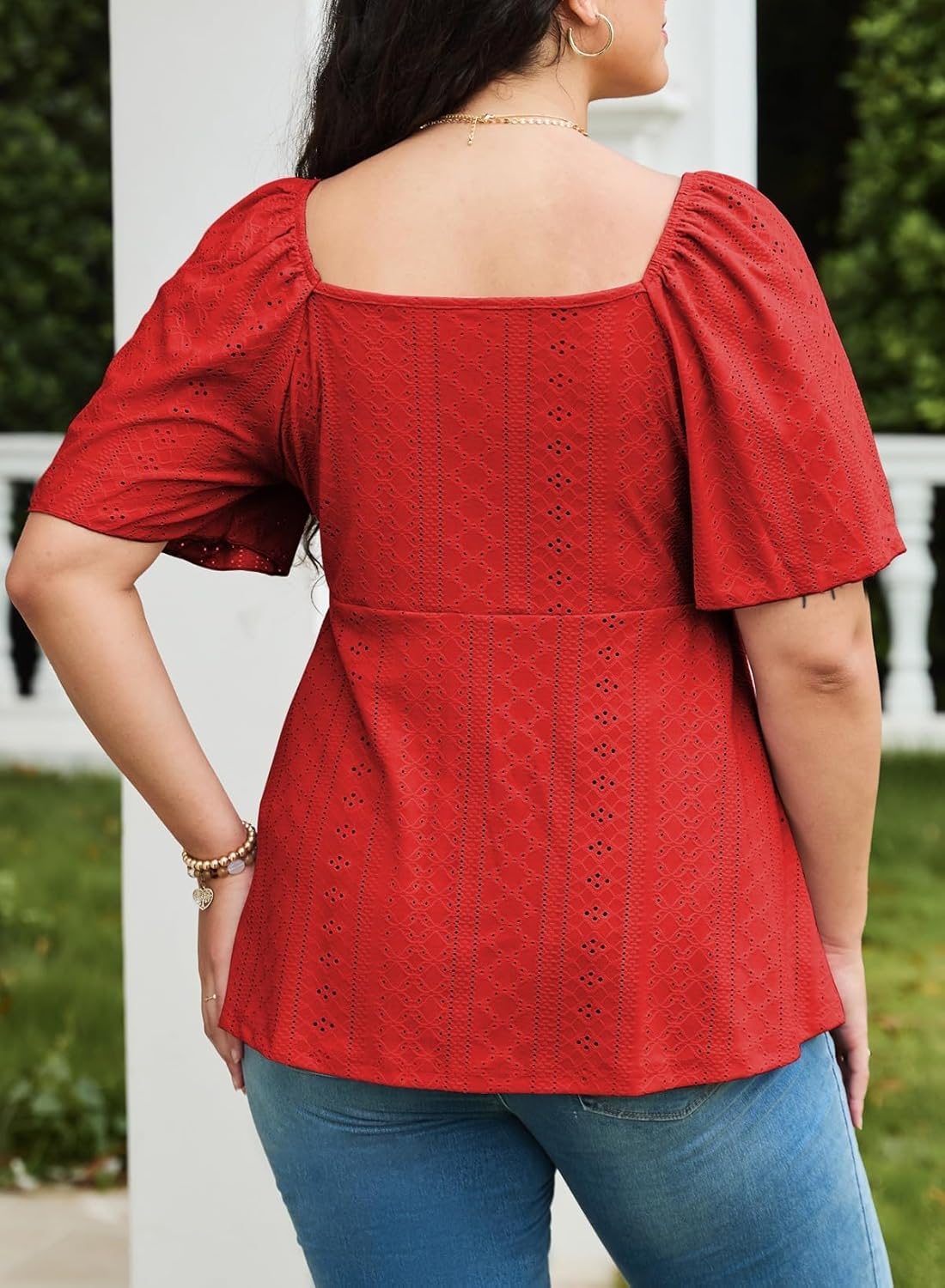 Eytino Womens Plus Size Tops Sweetheart Neck Short Sleeve Eyelet Embroidery Summer Loose Peplum Shirts(1X-5X) - Image 2