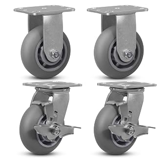 5" x 2" Thermoplastic Rubber Wheels Crown Tread- Set of 4 Heavy Duty Casters- 1600 LB Capacity- No Noise Plate Caster for Furniture Platform Trucks Workbench 2 Brake & 2 Rigid