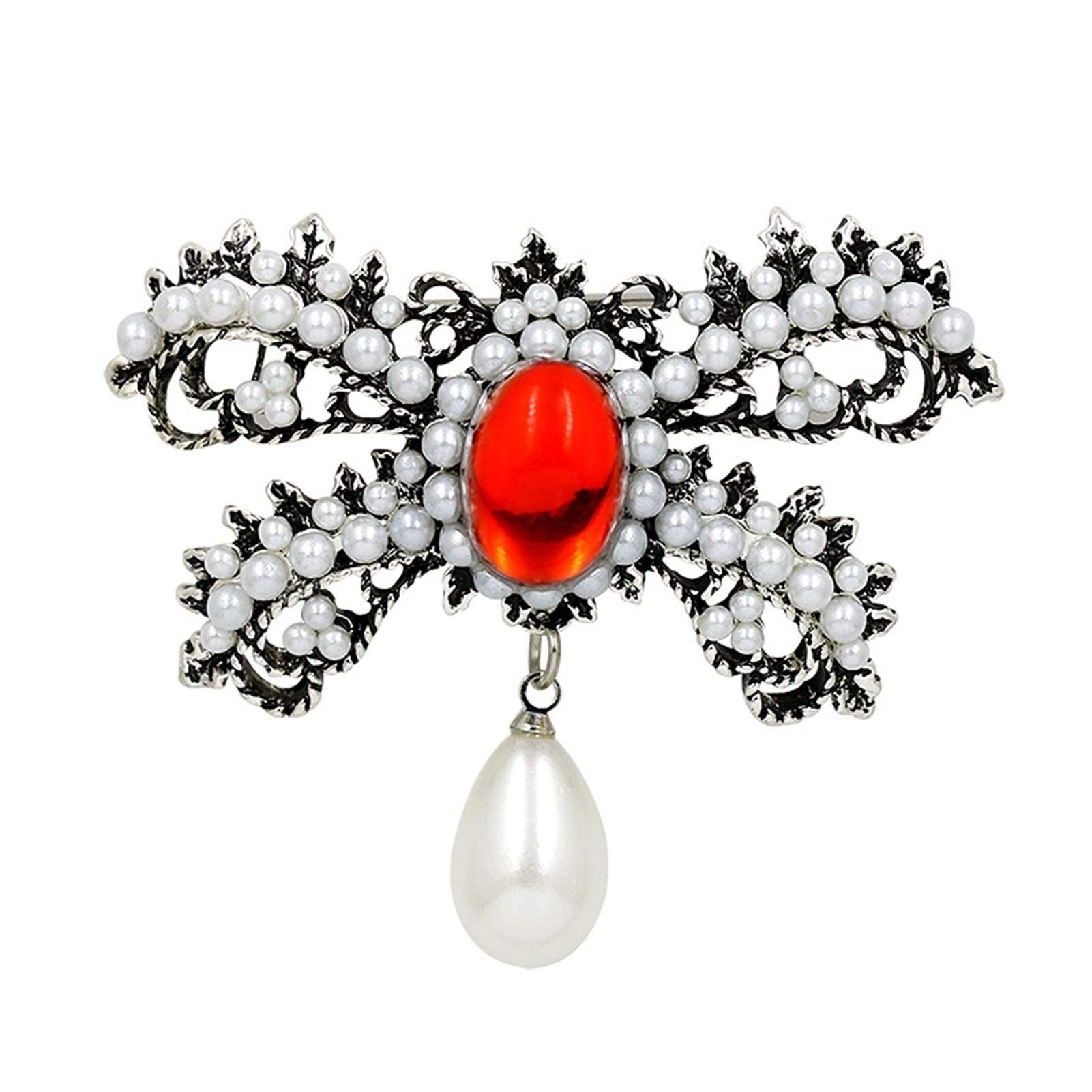 Brosche im klassischen Stil, rote Kristall-Strass-Bowknot-Brosche mit künstlichen Perlenbroschen für Damen, Kleidungszubehör