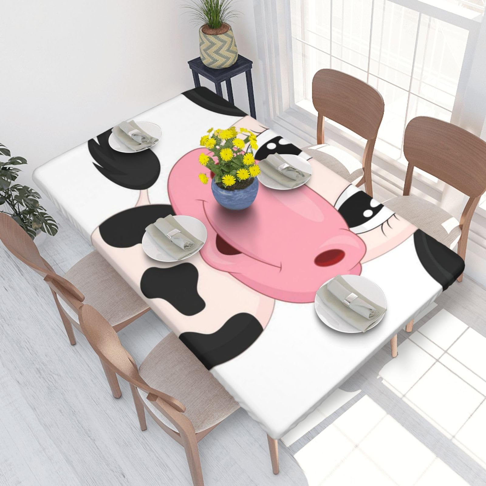 BNVSADC Cartoon Milk Cow Printed 4FT Tablecloth 122x76 CM Polyester Kitchen Water Resistant Table Cloth Dining Table Decoration Table Covers