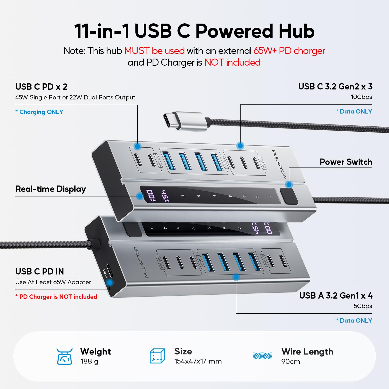 PULWTOP 9-in-1 USB 3.2 Data Hub, Power Adapter NOT Included, Powered USB C Hub with 3 x USBC 10Gbps, 4 x USBA 5Gbps and 2 x 24/45W Type-C PD Charging Ports USB Hub