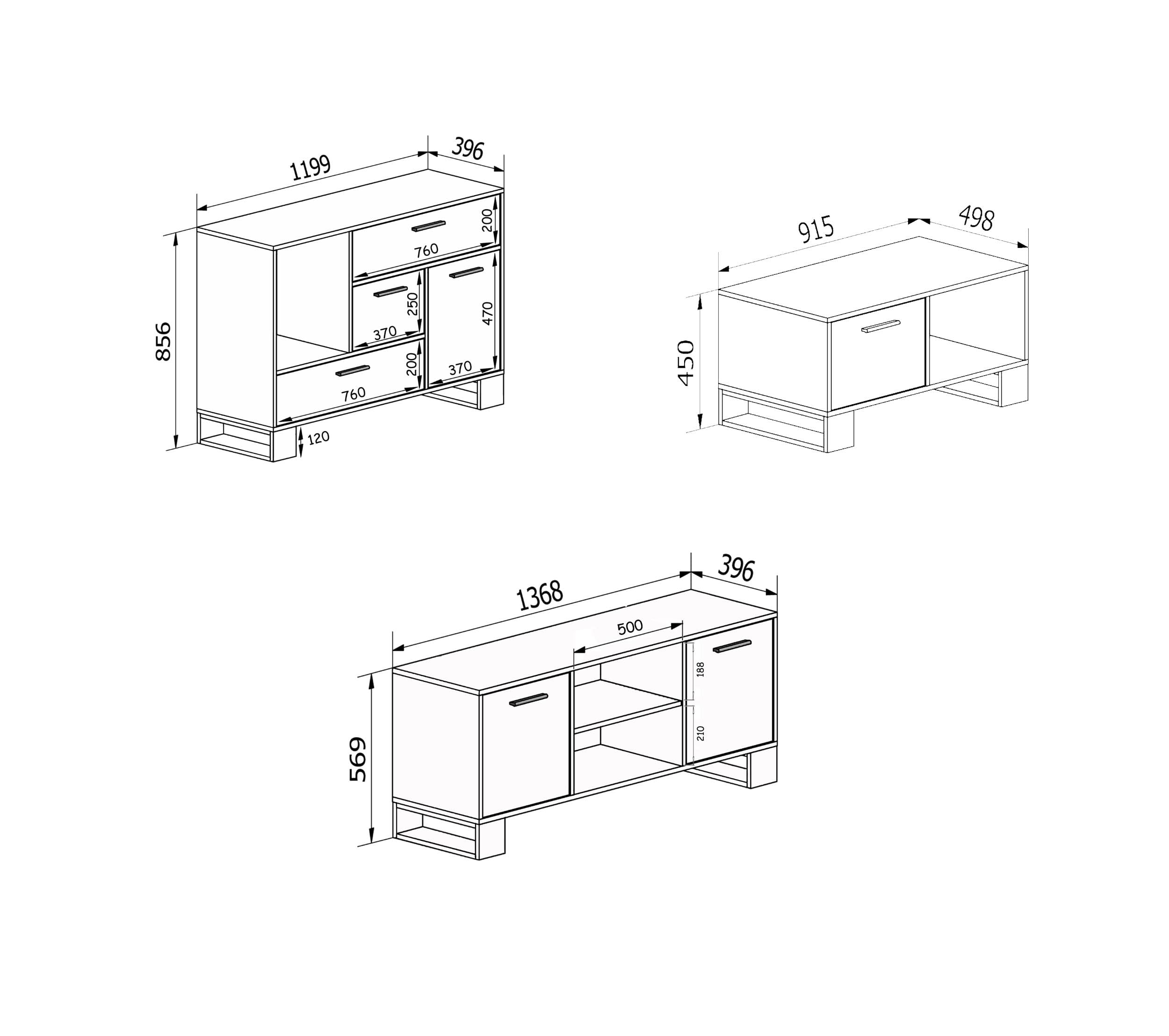 Skraut Home | Ensemble Buffet + Meuble TV + Table Basse pour Salon | Modèle Loft | Ensemble Salle à Manger | Structure Résistante | Montage Facile | Finition Rustique