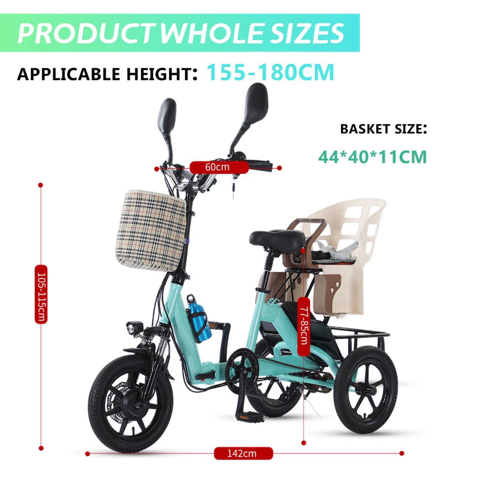 Faltbares elektrisches Lastendreirad für Erwachsene, mit Tretunterstützung, 14-Zoll-Fatbike-Reifen