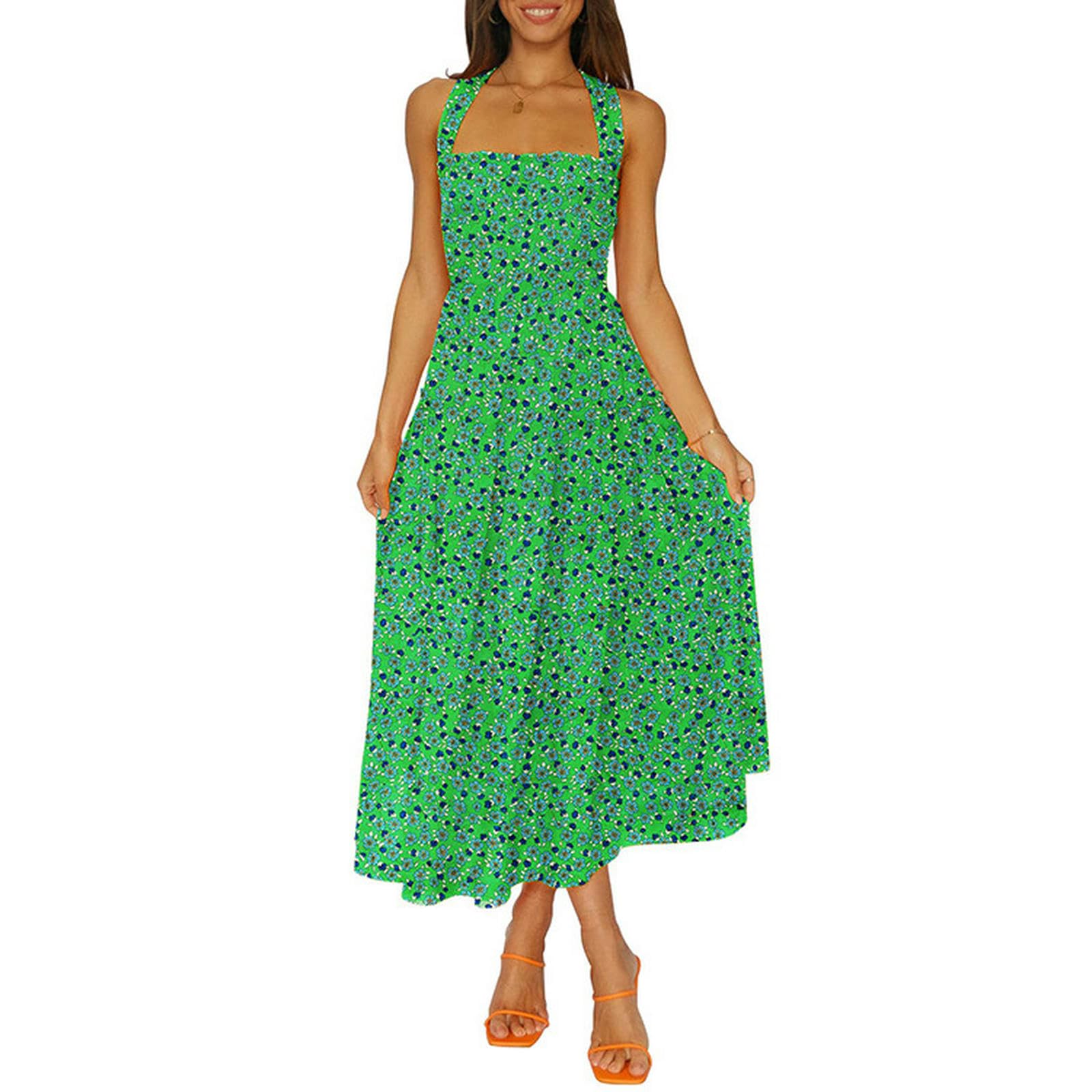 Robe mi-longue smockée style bohémien à col licou sans manches pour l'été