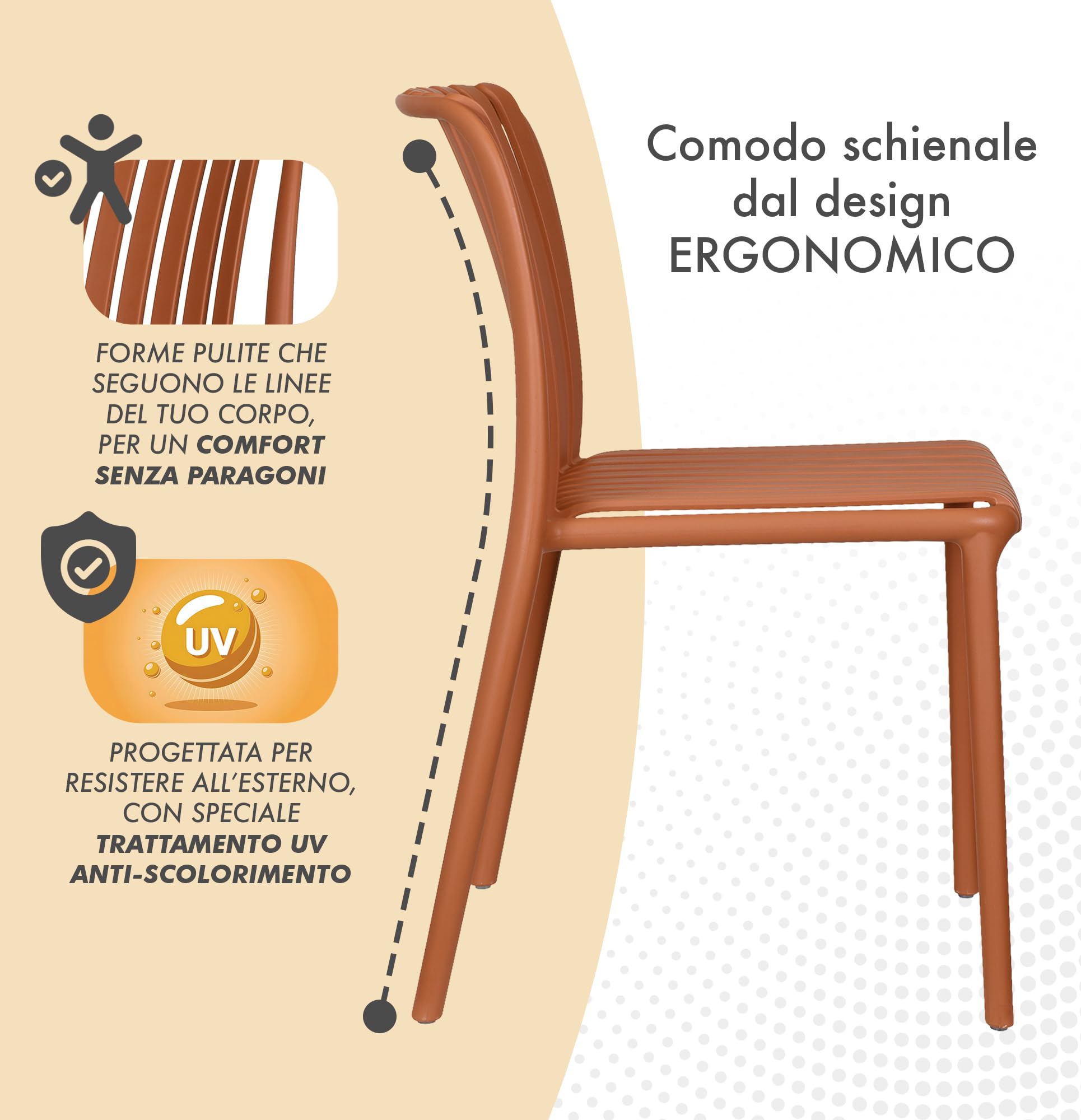 IlGruppone Set 4 Sedie in Polipropilene e Fibra di Vetro Sedia Cucina Trattamento UV Antiscolorimento Giardino Interno Esterno Moderne Robuste Resistenti Impilabili - Maya-Arancio